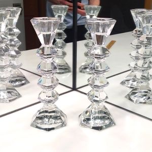 GORGEOUS 10 INCH GEOMETRIC CLEAR GLASS CANDLE HOLDERS (SET OF TWO)